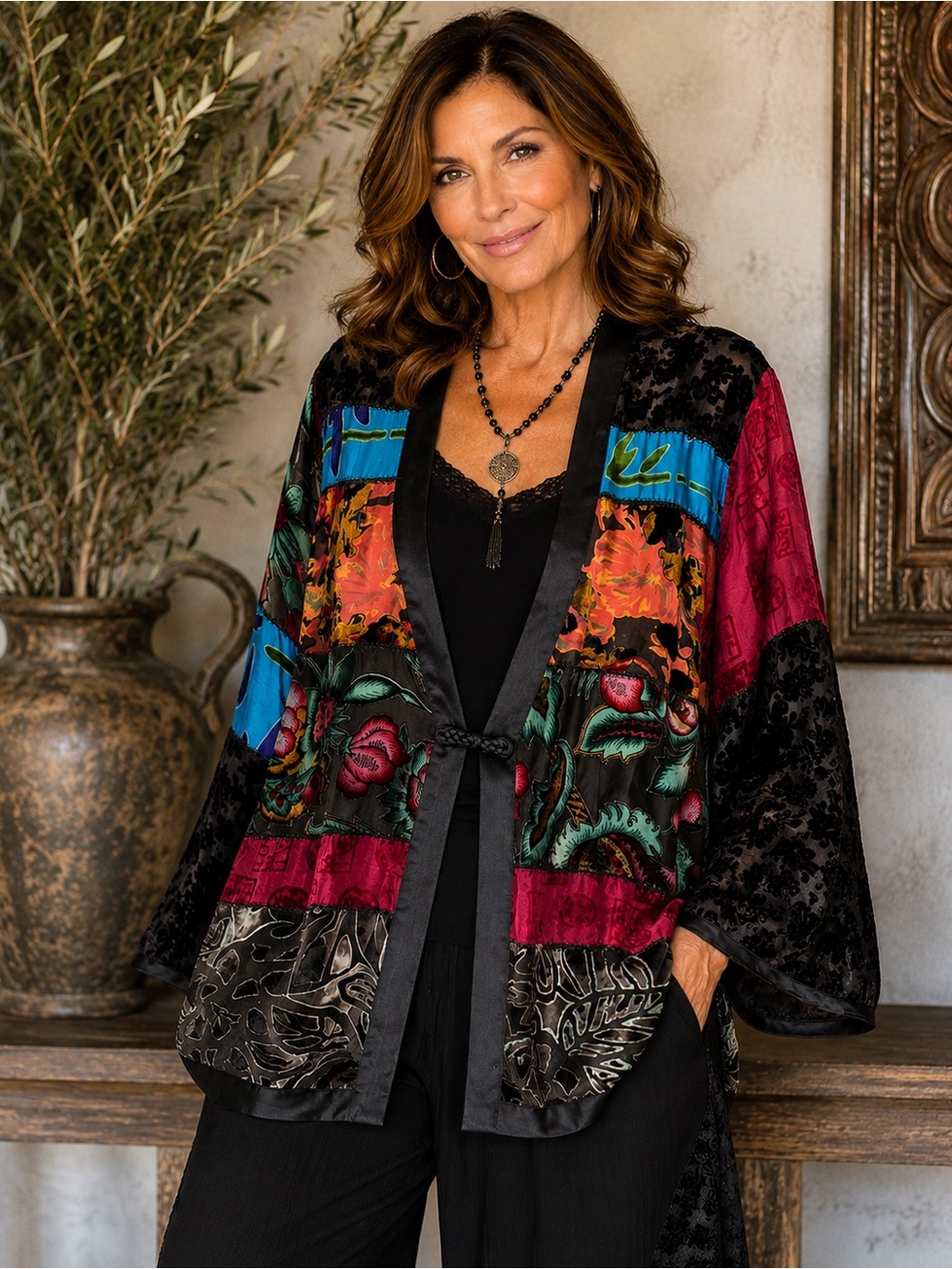 Chico’s Patchwork Velvet Silk Blend Boho Artwear Kimono Jacket XL16 Sz 3